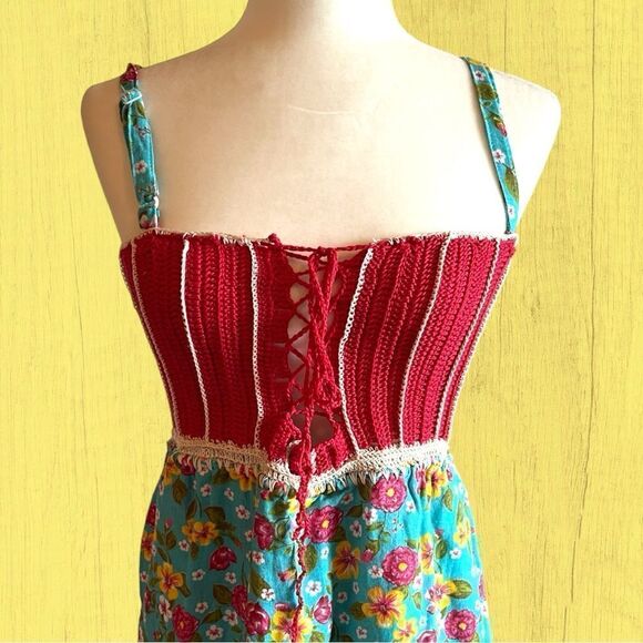 70s vintage crochet lace up dress floral tiered skirt - Picture 2 of 10